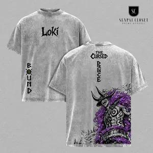 Loki Washed Tee – One Piecee Anime Elbaf Giant Prince Manga Graphic Double Printed T-Shirt, Menswear Heavy Cotton Unisex Oversize Streetwear Vintage Anime Tee