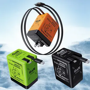 W&O Retractable Travel Charger with Dual Cables GaN Fast Charging Wall Plug for iPhone Galaxy Android Series with Type-C & Lightning Cables