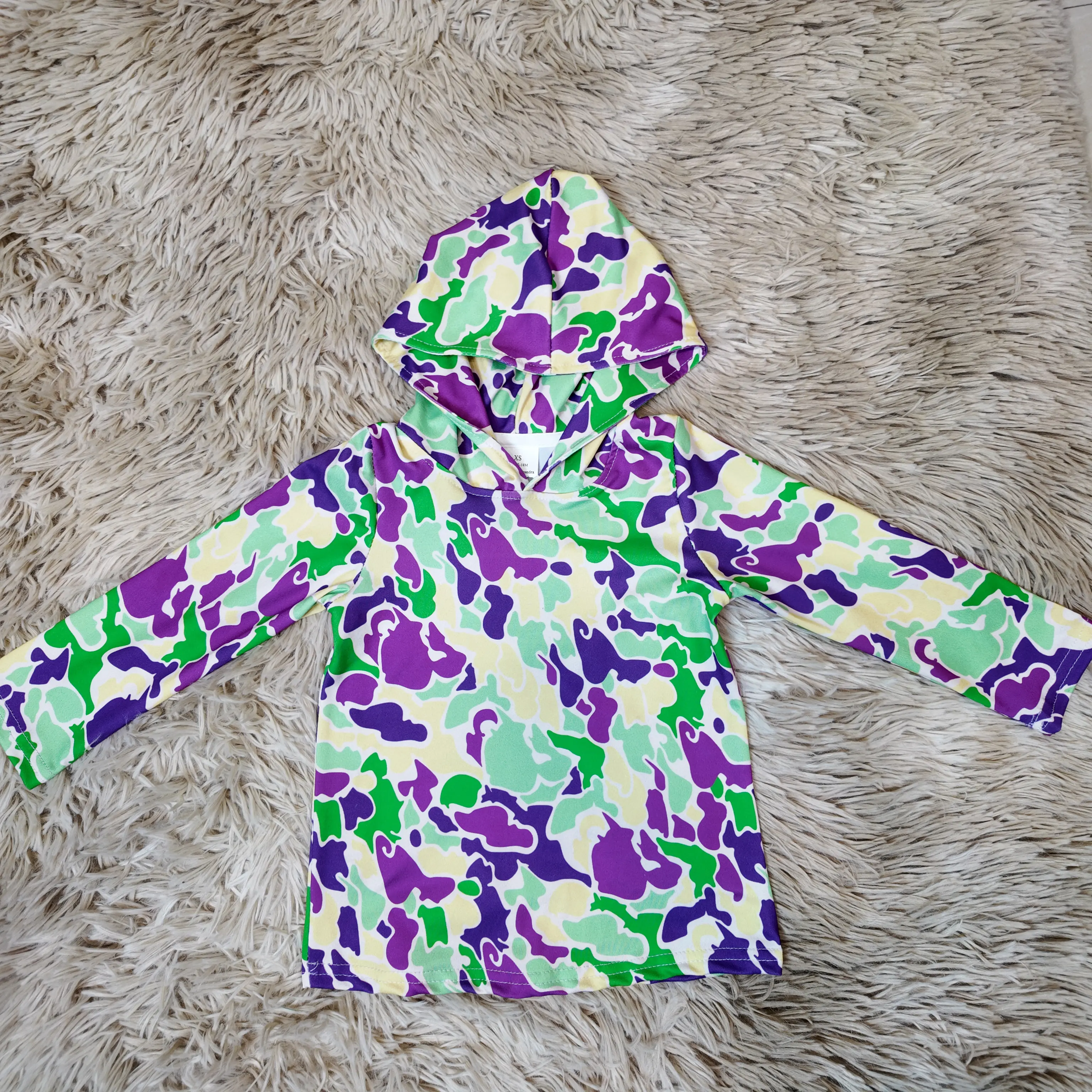 Toddler Boys' Mardi Gras Hoodie, Kids' Casual Long-Sleeve Pullover with Purple, Yellow, and Green Camo Print, Casual Hoodie, 4T, 3T, 3-6M, Festive Events, 6-12M, 12-18M