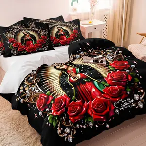 Luxury Religious Our Lady of Guadalupe Decorative Duvet Cover Set (No Core), Red Rose Rhinestone Print Bedding, Printed Bedding Set, Soft Breathable All-Season Bed Set for Bedroom, Dorm, Religious Home Decor, Bed Sets Supplies