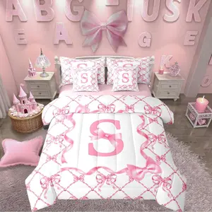 7Pcs Bow Girls Comforter Bed Set with Sheets,Initial Birthday Gifts Bed Bag,Teens Kids Women Coquette Bow Sheets with Comforter,Pink Bowknot Bed Set