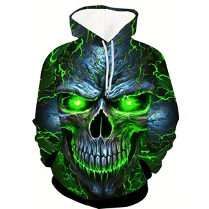 Men's Skull Print Hoodie with Kangaroo Pockets, Casual Long-Sleeved Hooded Sweater for Outdoor Wear