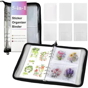 5-in-1 Sticker Organizer Book  A5 Storage Binder with 220 Pockets,10 Release Papers, Zipper Album Sticker Collecting Display Keeper (Black)