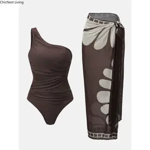 Women's Solid Color Ruched Mesh Panel One-Piece Swimsuit With Sarong Skirt For Summer Beach Vacation SpringStatements