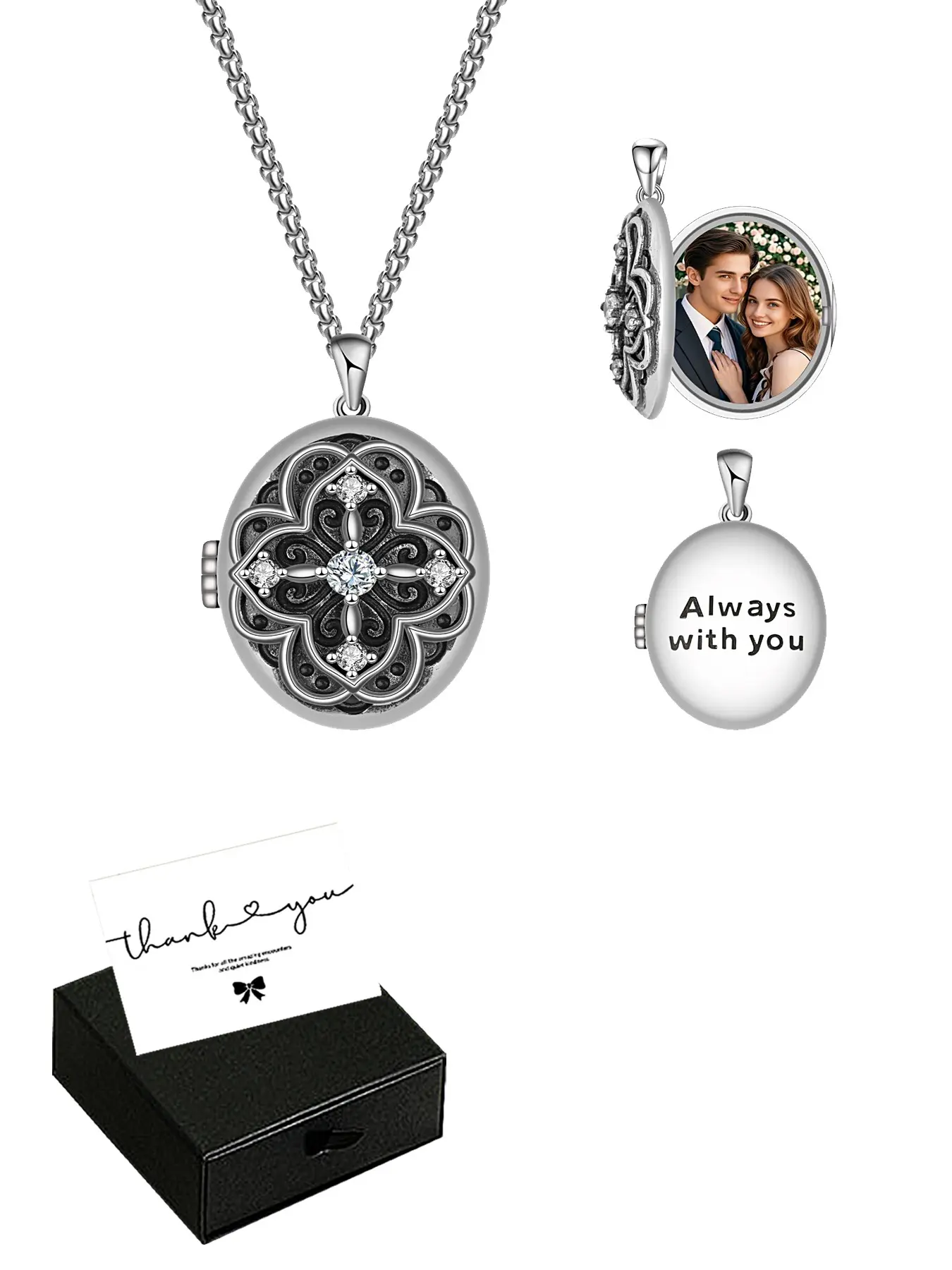 Vintage Cross Rhinestone Photo Locket Necklace Heart Pendant with Gift Box, Exquisite Jewelry Gift, Love Memorial Gift for Mom Wife Girlfriend, Heart Design Necklace, Cross Necklaces, Bling Pendant