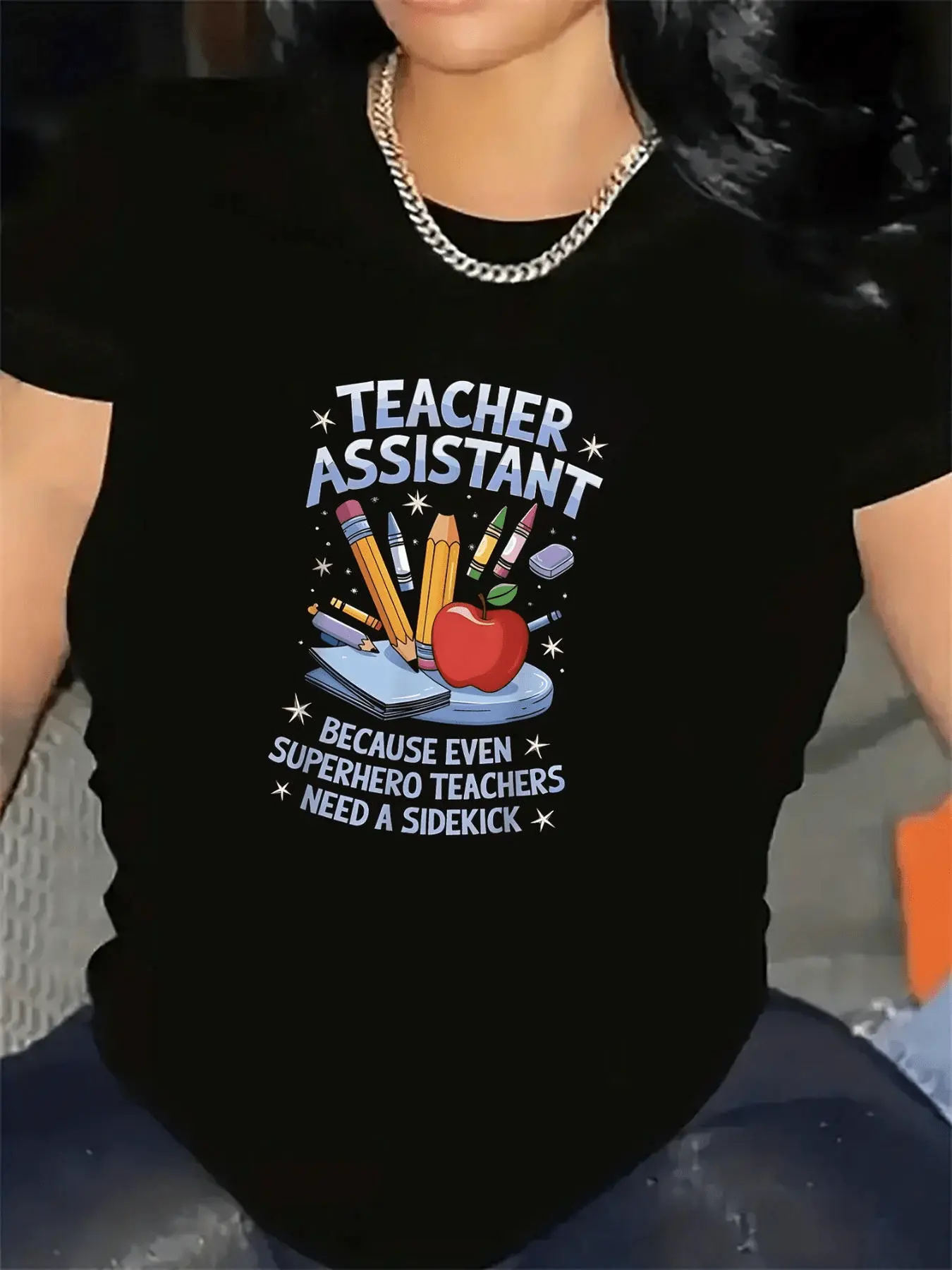 Teacher Assistant Graphic Tee - Black T-Shirt Feat unisex soft cotton short sleeve t shirt, vintage graphic casual tee for men women teens, perfect birthday holiday gift for camping travel gym daily street  wear
