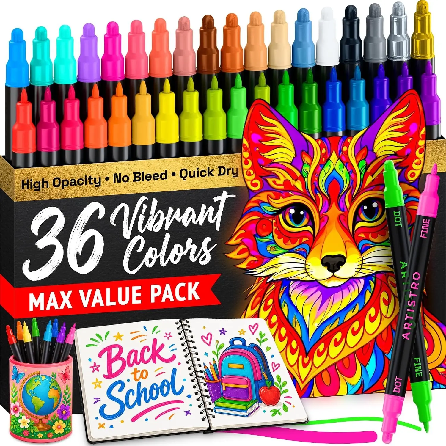 Dual Tip Acrylic Paint Markers, 36 Colors Dot and Fine Tip Paint Pens Set for Rock Painting Fabric Glass Wood Ceramic Crafts