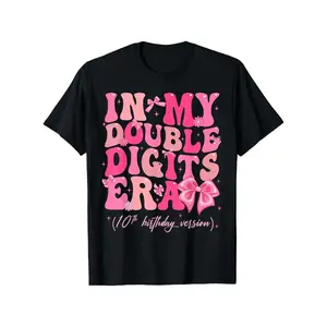 In My Double Digits Era 10th Birthday T-Shirt & - Cute Pink & Black Double Digit Number Print with Bow & Birthday Party Hats/Confetti Design - 10 Year Birthday Outfit, Durable Casual Round Neck Tee Gift (3-13Y)