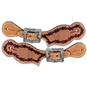 Youth size Leather Spur Straps w/ Barbwire Tooling