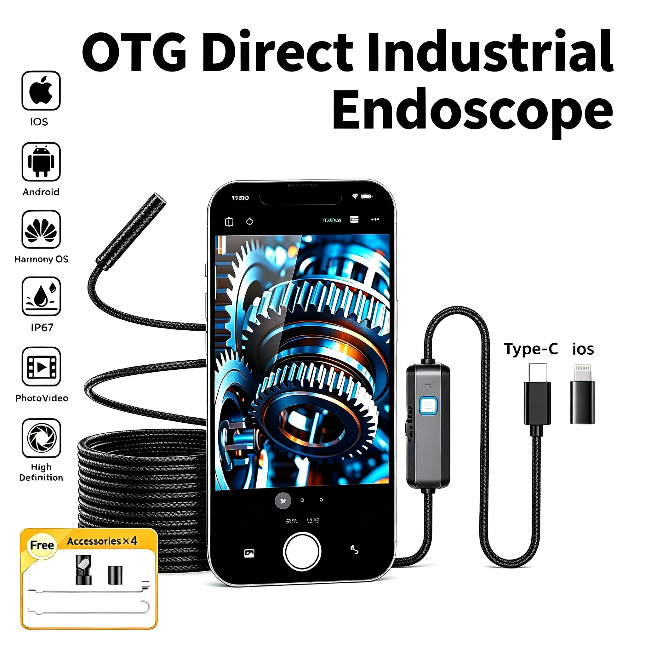 640*480 HD Endoscope Camera Kit, 16.4FT Semi-Rigid Snake Borescope with 8 LED Lights, IP67 Waterproof Inspection Tool with Magnet & Hook, Compatible with iOS & Android, for Pipeline, Car Checks