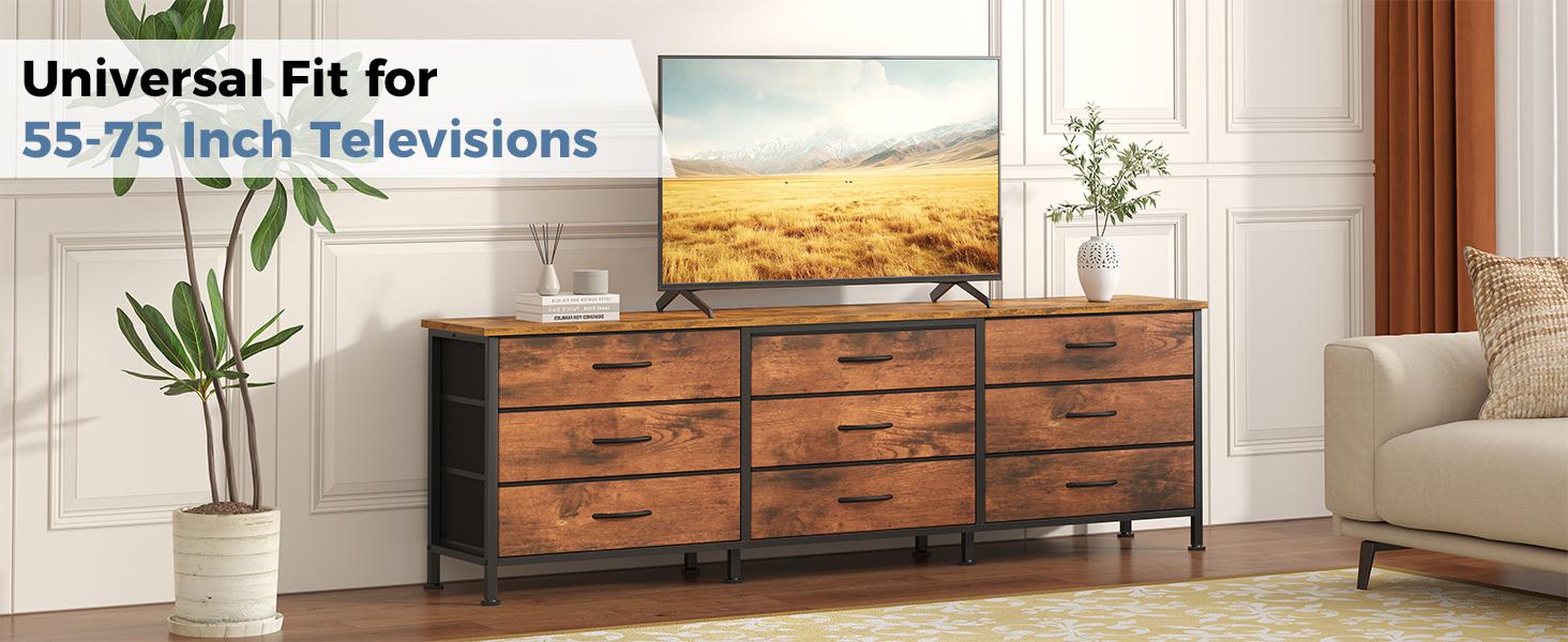 9 Drawer TV Stand Dresser， With Fabric Storage Bins, Holds Up To 70 Inch TV And 63 Inch Wide Wood Top, Sturdy Metal Frame With Anti Tip Safety, Ideal For Living Room Bedroom And Closet Organization