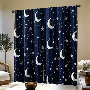 Stars Moon Print Curtains, Window Curtain, 2 Piece Set Modern Design, Durable Polyester Fabric, Suitable for Living Room Bedroom Kids' Room Home Decor