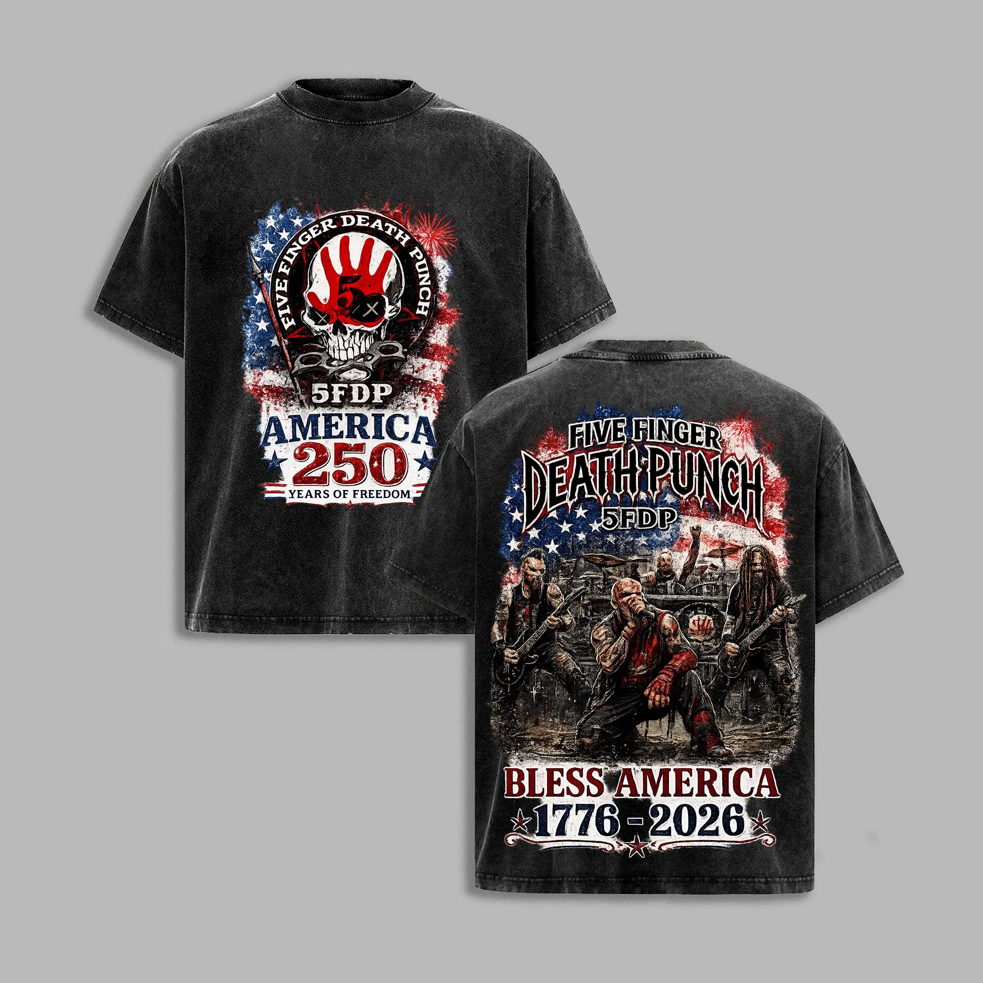 Five Finger Death Punch America 250 Vintage Washed T-Shirt | 5FDP Bless America 1776–2026 Graphic Tee | Patriotic Heavy Metal Band Shirt | Independence Day Rock Fan Unisex Tee