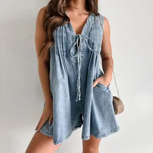 Women Summer Sleeveless Shorts Denim Jumpsuit Loose Tie Up Pleated Romper Casual Deep V Neck Outfits Tank Top Overalls Cotton Grey Pockets Womenswear Polyester Sky