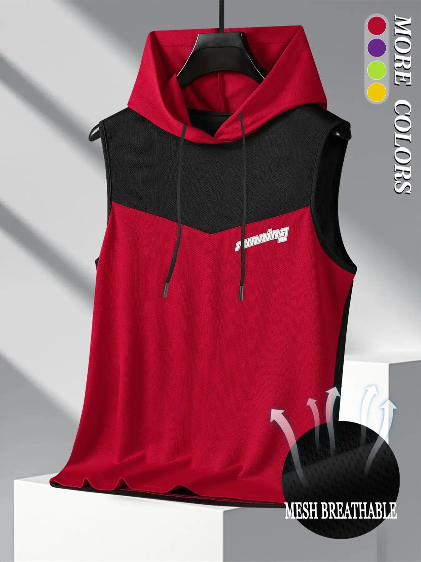 Men's Colorblock & Letter Print Drawstring Hooded Tank Top, Regular Fit Casual Sleeveless Top for Summer, Men's Clothes for Daily Wear