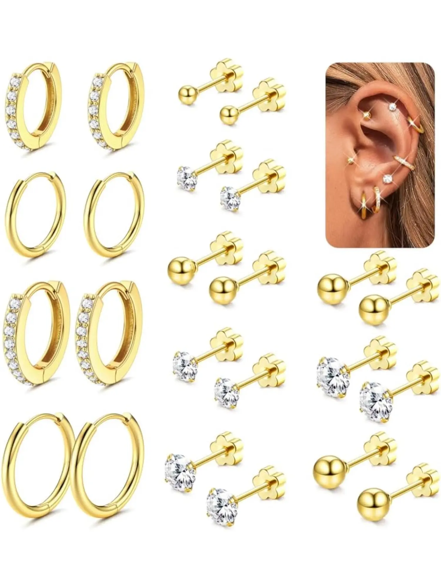 12 Pairs Stud Earrings for Women Surgical Steel Earrings Hypoallergenic Huggie Hoop Earrings Tiny CZ Flatback Stud Earrings Set Helix Piercing Cartilage Earrings Gold Silver Earrings for Women Studs Earrings Earrings Jewelry