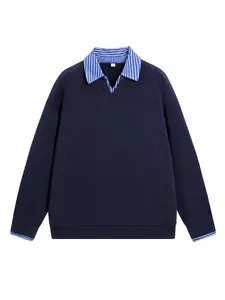 Men's Oversized Layered Sweatshirt, Preppy Style Fake Two-Piece Long Sleeve Pullover, Striped Shirt Collar, Casual Spring & Fall Fashion