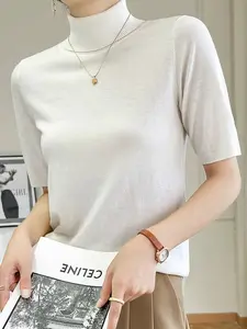 Women's High Neck Solid Color Knit Sweater, Casual Fashion Warm Half Sleeve Pullover, Fall & Winter Fitted Top for Daily Wear