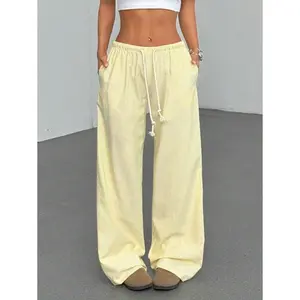 Pink Cotton Low-Waisted Drawstring Tie Straight Leg Pants, Fashionable Casual Home Wear For Women, Spring Season Fabric Fit Polyester Pocket Can be used with raincoat