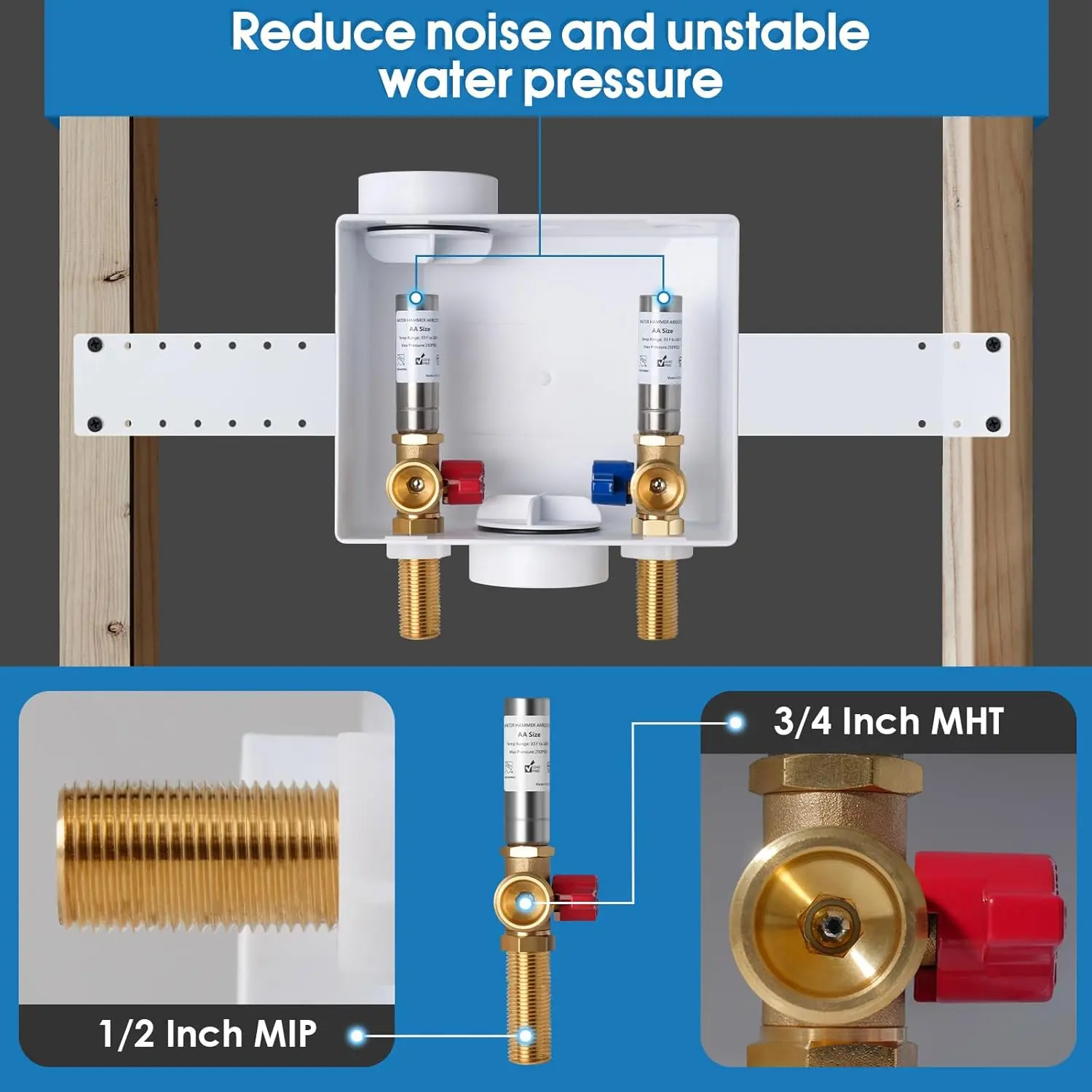 Washing Machine Outlet Box with Stainless Steel Water Hammer Arrestor, 1/2 Inch MIP&Sweat x3/4 Inch MHT with Center Drain, Washer Faucet Recessed Box, Laundry Washer Valve Outlet Box