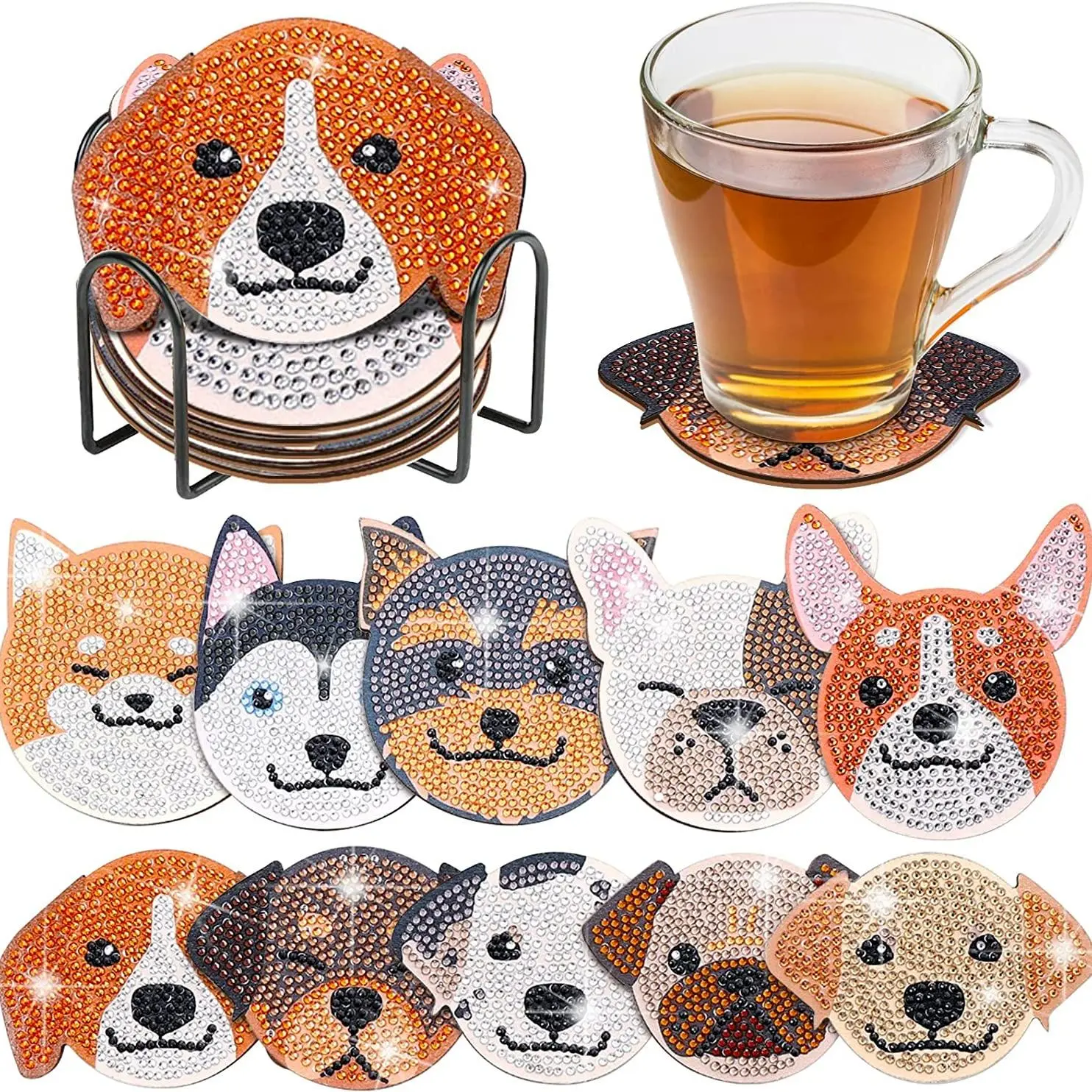 10 irregularly shaped dog pattern artificial diamond painting art craft set coasters, Diamond pattern design, DIY crystal diamond painting wooden table art coasters with stand, for adult office coffee MATS, family coasters, gifts, Diamond Painting Kits
