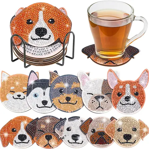 10 irregularly shaped dog pattern artificial diamond painting art craft set coasters, Diamond pattern design, DIY crystal diamond painting wooden table art coasters with stand, for adult office coffee MATS, family coasters, gifts, Diamond Painting Kits