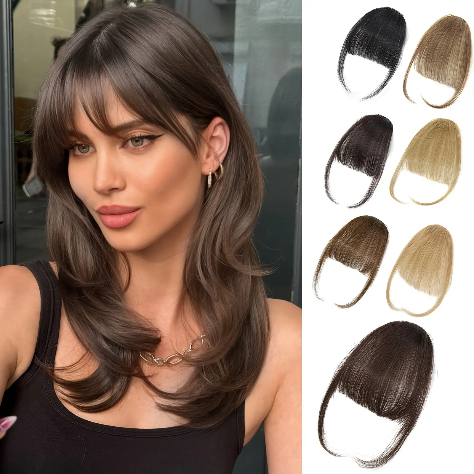 Women's Natural Black Human Hair Clip-In Bangs with Temple Clips, Curved Wispy Texturizing Extensions for Female Daily Wear - Brown Black, Dark Brown-1 (Fringe Look)