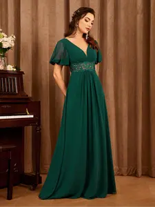 Women's Plain Embroidery Chiffon Party Dress, Elegant Short Sleeve Dress for Party Wedding Guest, Ladies Summer Clothes