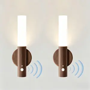 Magnetic Night Light with Motion Sensor, Walnut Wood Cylindrical Rechargeable LED Lamp, Portable Bedside Light for Bedroom Nursery