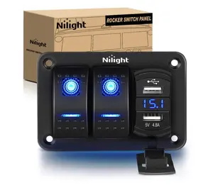 Nilight - 90116C 2 Gang Rocker Switch Panel with 4.8 Amp Dual USB Charger Voltmeter Waterproof 12V-24V DC Rocker Switch with Night Glow Stickers for CarsTrucks Boats RVs,Blue