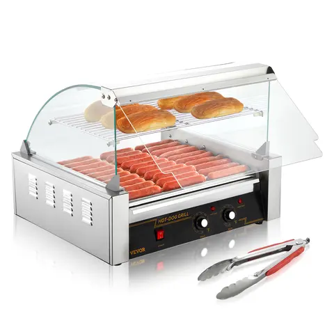 【toolupgrade】VEVOR Commercial Grade Hot Dog Roller Grill Cooker Machine, 11 Rollers Large Cap 30 Hot Dogs, 1650W Stainless Steel, Dual Temp Ctrl, Adjustable Temperature, Glass Hood, Acrylic Cover, Bun Warmer Shelf, Removable Drip Tray, ETL Certified, for