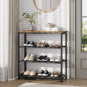 Metal Shoe Organizer, Slim Space-Saving Rack with 3 Removable Fabric Shelves, Holds 9–12 Pairs, Brown Black Finish for Entryway Bedroom Living Room
