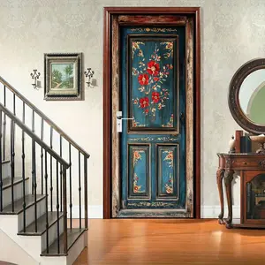 Weathered Wood Wall Sticker, Decorative Stickers, Blue Door Mural with Decor, Self-Adhesive Floral Pattern, Traditional Home Decoration, Easy Installation