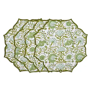 CPC Agate Green Hand Block Print Cotton Placemat 15x15 Set of 4 Handmade Double Layered, Machine Washable, Flower Scalloped, Embroidered Table Mats, Gift for Spring, Mother's Day