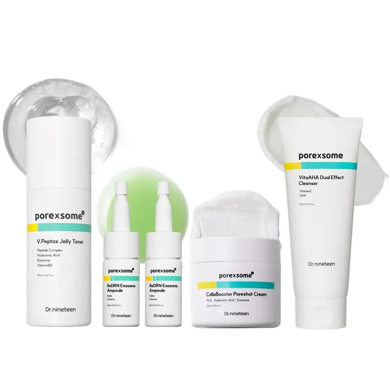 Dr.nineteen PoreXsome ReDRN Ampoule & V.Peptox Jelly Toner & CollaBooster Poreshot Cream & Porexsome VitaAHA Dual Effect Cleanser, Pore Tightening & Firming, Korean Skincare
