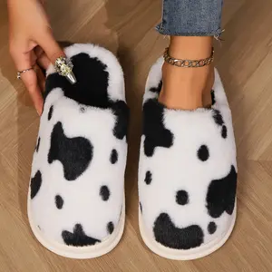 Cute Cow Spotted Plush Slippers Winter Warm Non-slip Bedroom Floor Fuzzy Slipper
