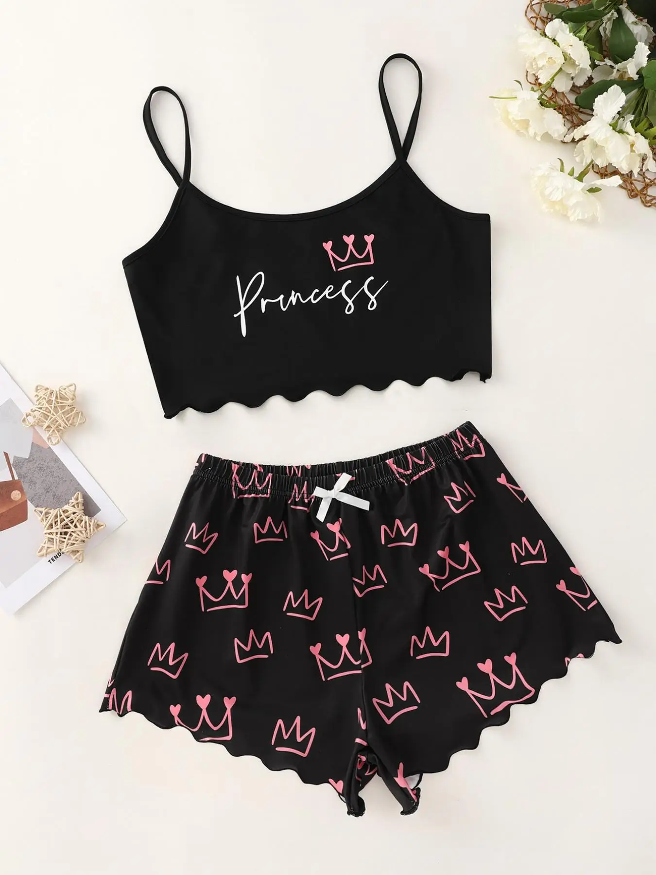 Women's Simple Letter Print Sleeveless Camisole & Stars Print Bow Pj Shorts Loungewear Set, Comfortable Lettuce Trim Spaghetti Strap Crop Cami Top & S