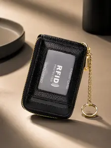 RFID Blocking Wallet Card Holder for Women Men, Compact Leather Zip Around Credit Card Organizer with ID Window and Keychain, Portable Travel Wallet Purse for Shopping Daily Carry Vacation Business Use, Perfect Christmas Birthday Halloween Gift