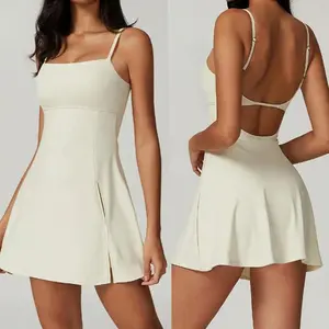 Women's slim shoulder tennis dress with shorts, sport side slit sport golf dress, sleeveless backless compression clothing, yoga sportswear - sportswearRAIMENTRY