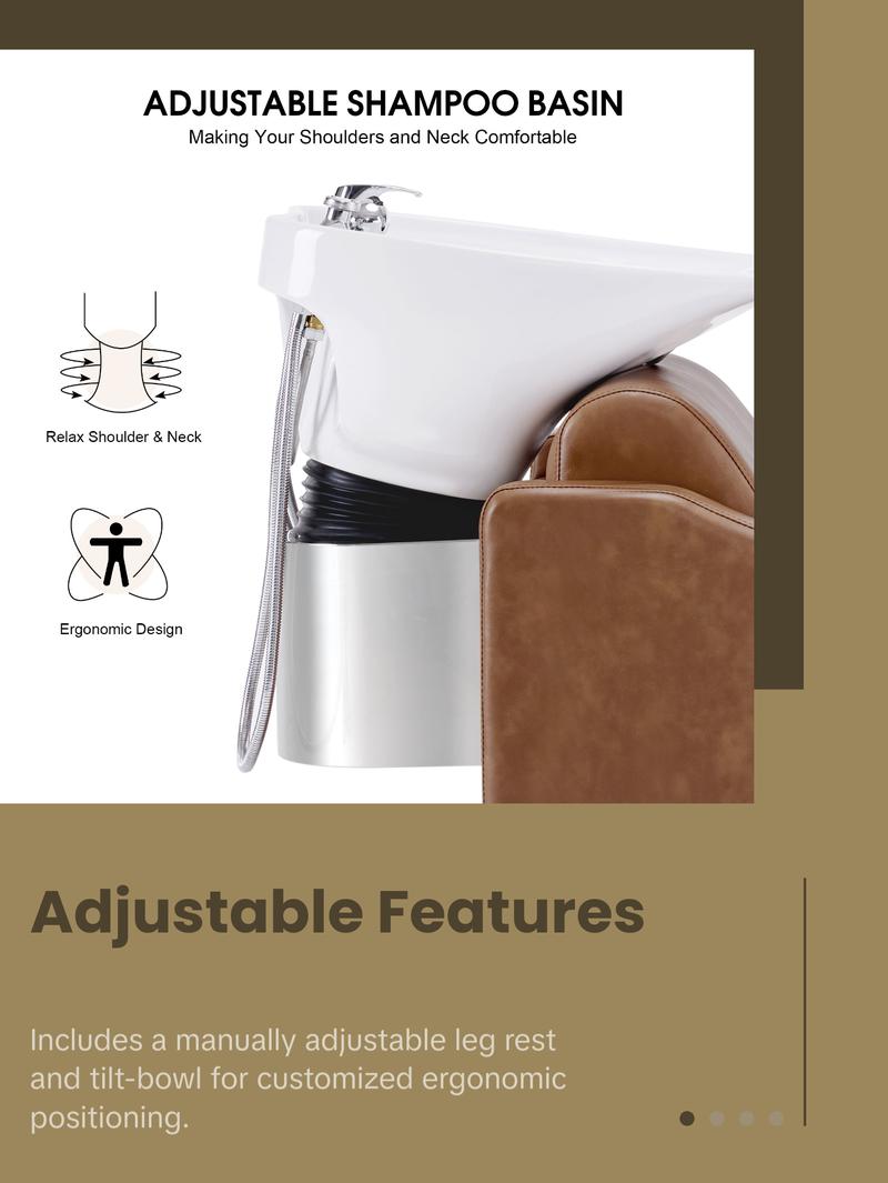 BarberPub Backwash Shampoo Station Chair, Ceramic Hair Wash Bowl for Salon 9364