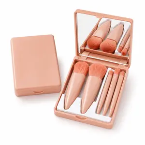 5-Piece Mini Makeup Brush Set with Square Mirror Case, Portable Travel Cosmetic Brushes for Powder, Foundation, Blush and Daily Touch-Ups Organiser