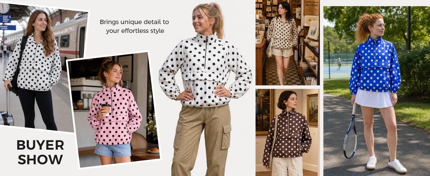 Fisoew Womens Polka Dot Quarter Zip Pullover UPF 50+ Windbreaker Jacket | Stand-Up Collar, Pocket, Oversized, Lightweight, Running, Hiking, Shirts