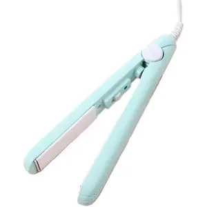 Mini 2-in-1 Ceramic Curling Iron and Straightener, Travel Size Dual Voltage Hair Styling Tool for Short Fine Hair, Lightweight Portable Iron Heating Curler (Blue)