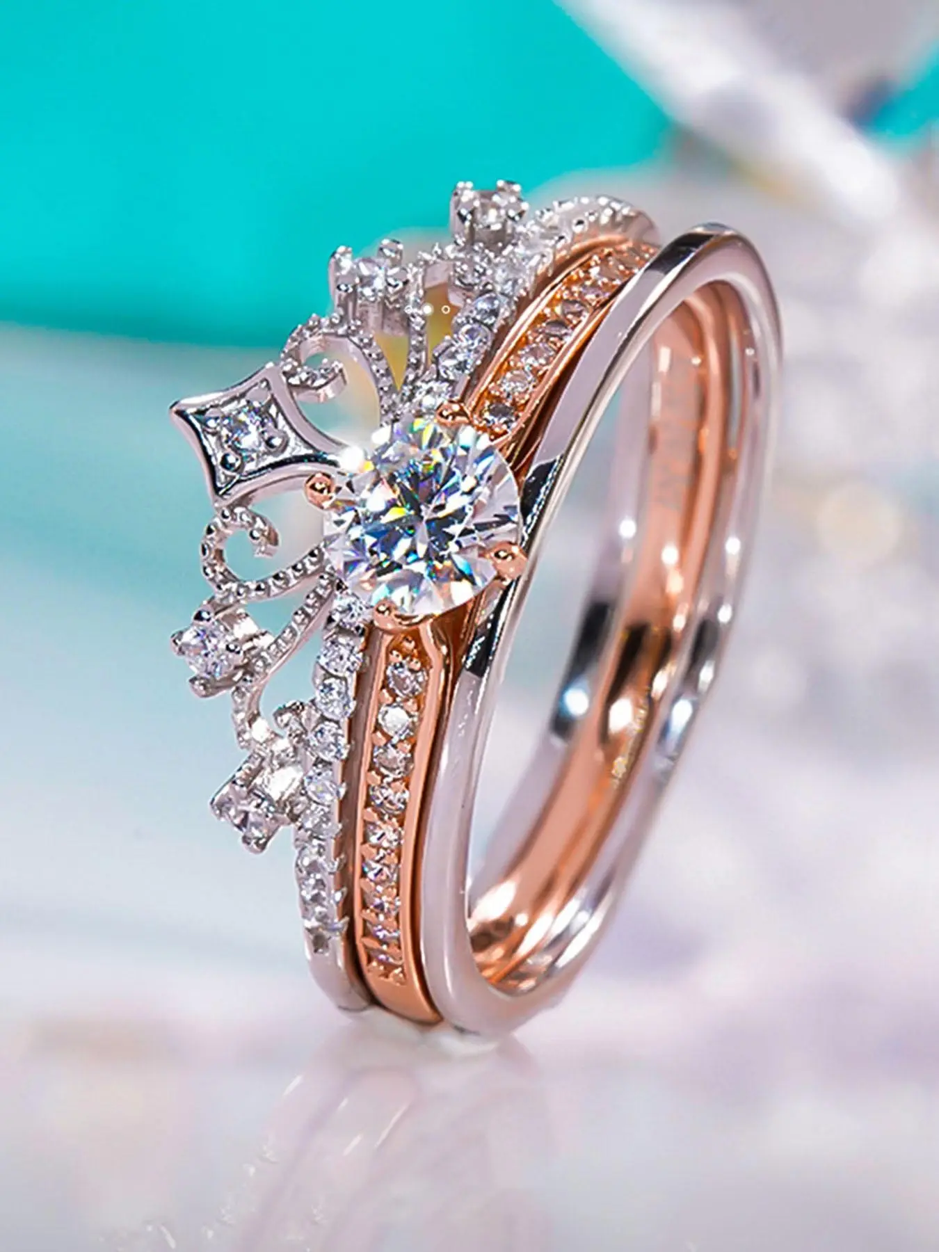 Princess Sparkle Crown Ring Set, Adjustable Rose, Dual Layered Design, Perfect for Engagement/wedding, Gift for Wife/girlfriend/family