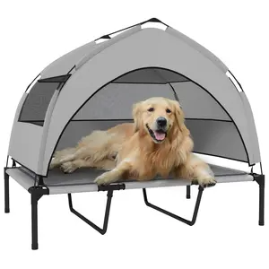 PawHut Elevated Dog Bed with Cooling Pad, Raised Outdoor Pet Bed with Removable Canopy, Breathable Mesh, Storage Bag, Portable Pet Cot for Indoor Outdoor Large Dogs, 36" x 29.5" x 35", Light Gray
