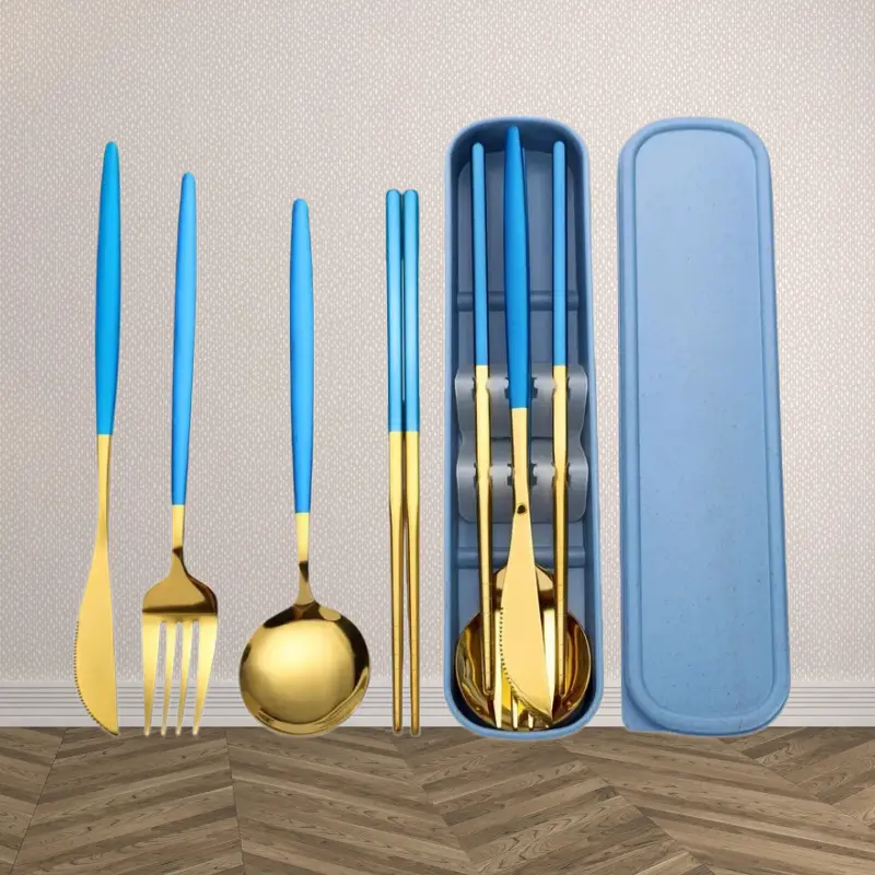 Silverware Flatware Cutlery Set, Stainless Steel Portable Tableware Set Korean Set Spoon Fork Chopsticks Student Outdoor Tableware Set(Pink Gold, 4Set)