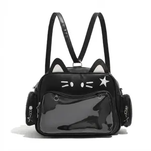 Cute PU Leather Cat Ita Bag Backpack for Girls | Clear Window Pin Display Y2K Preppy Bag for School Anime & Daily Use