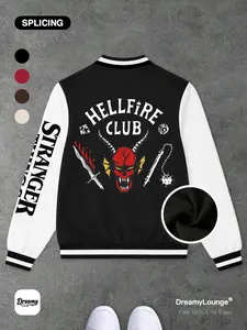 Stranger Things Hellfire Club Graphic Baseball Jacket, Fitted Casual Wear for Fall & Winter, Breathable and Warm Home & Outdoor Top
