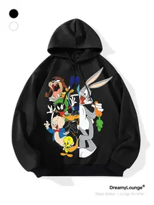 Classic Looney Tunes Rabbit Print Loose Hoodie, Casual Breathable Sweatshirt for Daily Wear, Outdoor Sports, Home Clothing