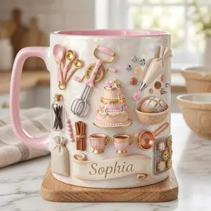 Personalized Baking Mug 2D Printed 3D Effect Coffee Cup, Custom Name Ceramic Mug with Stand Mixer Design, Cute Pastel Kitchen Keepsake for Bakers Dessert Lovers, Sweet Gift Idea for Her Women Friends Birthday Housewarming Present